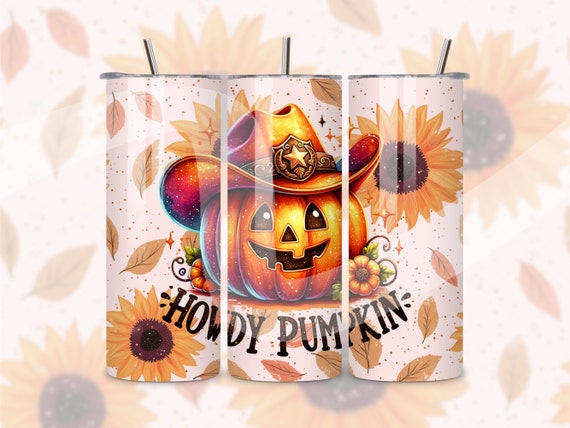 Howdy Pumpkin Tumbler Wrap, Cute Cowboy Pumpkin PNG, Funny Halloween Skinny 20 oz Tumbler Sublimation Design, Fall Western Seamless Tumbler
