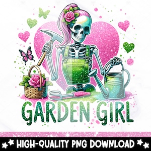 Funny Skeleton Gardener PNG: Garden Girl Clipart (Digital Download)