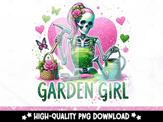 Garden Girl PNG, Funny Gardening Clipart, Skeleton Gardener Sublimation Design, Trendy Plant UV DTF Transfer File, Graphic Tees, Sticker