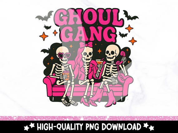 Ghoul Gang PNG, Retro Spooky Skeleton Friends Clipart, Cute Halloween Sublimation Design, Gothic Girl Night PNG Download