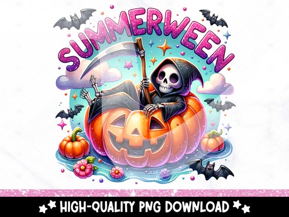Spooky Summerween Clipart, Cute Summer Halloween Sublimation Design, Snarky Skeleton DTF Shirt Design Download, Grim Reaper Tumbler Wrap