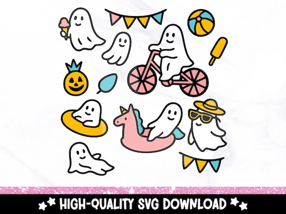 Summerween Ghost SVG Clipart, Cute Summer Ghosts SVG Bundle, Doodled Ghost Sticker File, Spooky Summer Sublimation Design, Trendy Ghost Png