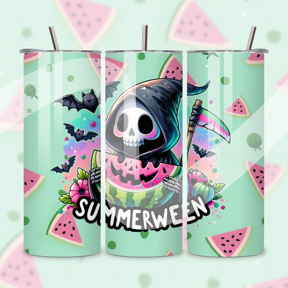 Summerween Tumbler Wrap PNG, Summer Halloween Skinny Tumbler PNG, Skeleton 20 oz Tumbler Sublimation, Spooky Reaper Tumbler Wrap Design