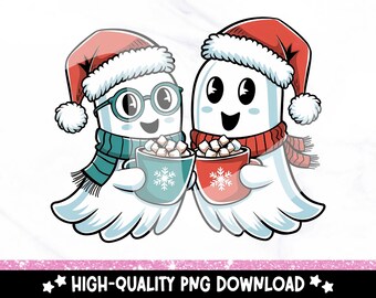 Hipster Ghosts PNG, Cute Christmas Ghost Clipart, Spooky Coffee Sublimation Design, Funny Ghost DTF Transfer File, Trendy Sticker Shirt Png