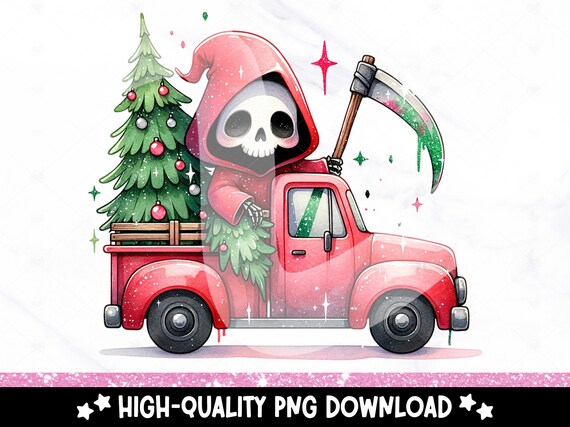 Vintage Christmas Truck PNG, Christmas Grim Reaper Sublimation Design, Snarky Christmas DTF Transfer, Xmas Mug Clipart, Red Christmas Truck