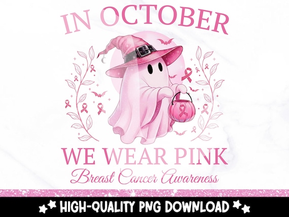 In October We Wear Pink PNG: Halloween Ghost Breast Cancer Awareness Clipart (Digital Download)
