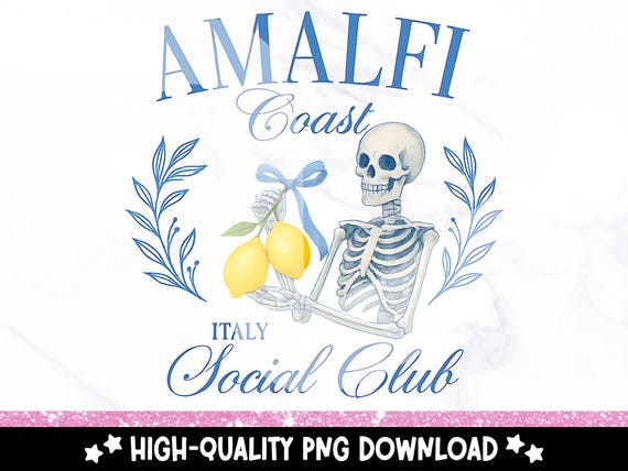 Amalfi Coast Skeleton PNG, Trendy Italian Summer Clipart, Amalfi Social Club Sublimation Design, Coquette Lemon Shirt DTF, Spooky Summer PNG
