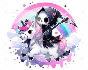 Cute Grim Reaper PNG, Spooky Unicorn Clipart, Spooky Reaper Sublimation Design, Pastel Goth Digital Download, Printable, Sticker, Tshirt