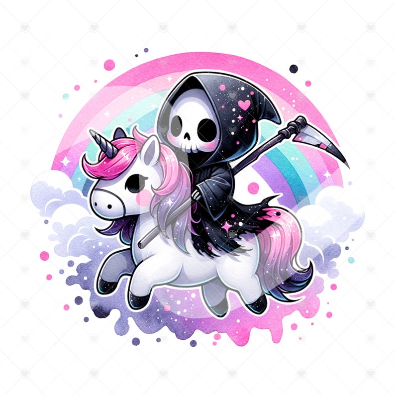 Puede incluir: Un Grim Reaper de dibujos animados montando un unicornio rosa y blanco con un fondo de arco&iacute;ris. El Grim Reaper lleva una t&uacute;nica negra con capucha y sostiene una guada&ntilde;a.