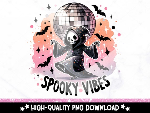 Spooky Vibes PNG, Retro Grim Reaper Clipart, Groovy Halloween Sublimation Design, Funny Disco Skeleton DTF File, Trendy Shirt, Tumbler, Mug