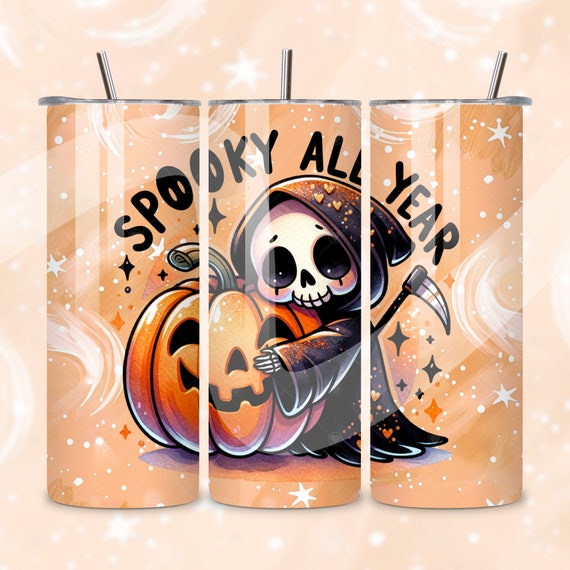 Spooky All Year Tumbler Wrap, Funny Pumpkin Halloween PNG, Snarky Skeleton Skinny 20 oz Tumbler Sublimation, Spooky Fall Grim Reaper Design