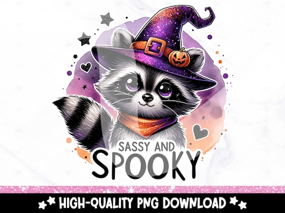 Sassy and Spooky PNG, Halloween Raccoon Clipart, Cute Raccoon Sublimation Design, UV DTF Transfer File, Funny Witch Png, Tumbler Wrap, Mug