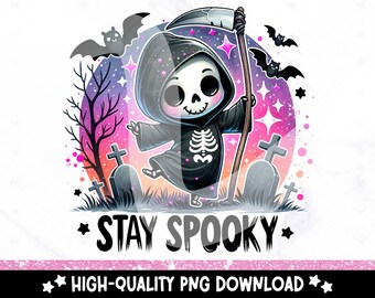 Stay Spooky PNG, Cute Halloween Clipart, Spooky Skeleton Sublimation Design, Dancing Grim Reaper Graveyard DTF Transfer Design, Tumbler Wrap