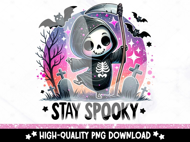 May include: A digital illustration of a cute cartoon Grim Reaper holding a scythe, with the text "STAY SPOOKY". The background features a graveyard scene with bats, stars, and a colorful sky. High-quality PNG download.