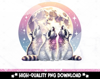 Funny Raccoons Moon PNG: Retro Graphic T-Shirt Design (Digital Download)