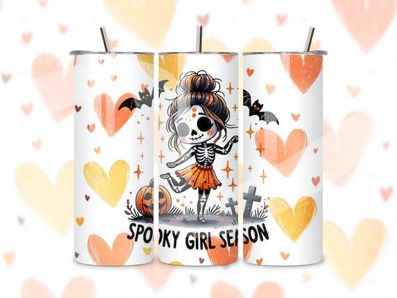 Spooky Girl Season Tumbler Wrap, Cute Girly Skeleton PNG, Funny Halloween Skinny 20 oz Tumbler Sublimation Design, Fall Vibes Coffee Tumbler