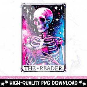 The Reader Tarot Card PNG, Reading Skeleton Sublimation Design, Book Lover Booktrovert Skull Tarot DTF T-shirt File, Mug, Digital Download