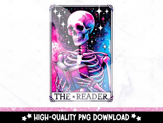 The Reader Tarot Card PNG, Reading Skeleton Sublimation Design, Book Lover Booktrovert Skull Tarot DTF T-shirt File, Mug, Digital Download