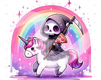 Cute Grim Reaper PNG, Spooky Unicorn Clipart, Pizza Png, Spooky Sublimation Design, Pastel Goth Digital Download, Printable, Sticker, Tshirt