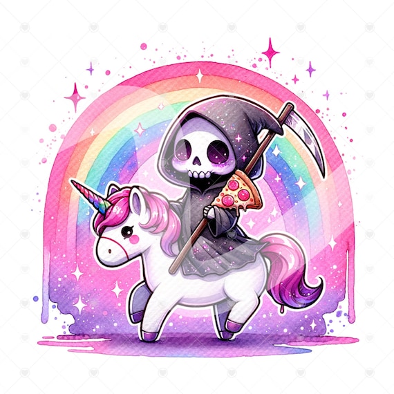 Cute Grim Reaper PNG, Spooky Unicorn Clipart, Pizza Png, Spooky Sublimation Design, Pastel Goth Digital Download, Printable, Sticker, Tshirt