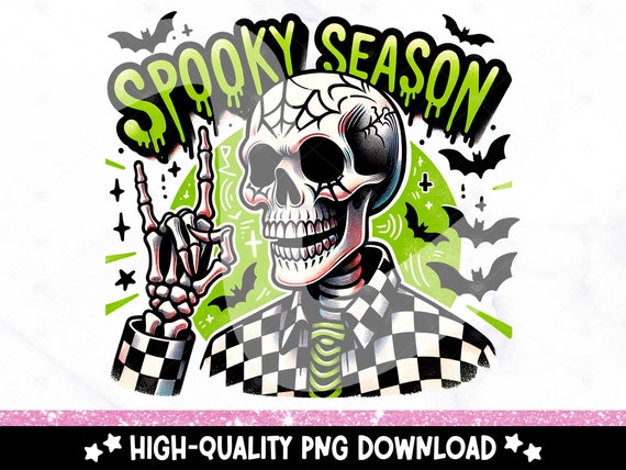 Spooky Season Neon Halloween PNG, Halloween Skeleton Png, Funny Halloween, Retro Halloween, Sublimation Design, Checkered Halloween Clipart
