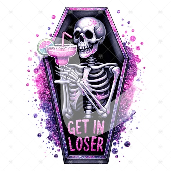 Get in Loser Clipart, Cute Snarky Skeleton PNG, Spooky Skeleton Sublimation Design, Pastel Goth Digital Download, Printable, Sticker, Tshirt