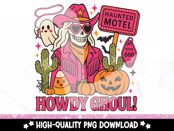 Howdy Ghoul PNG, Spooky Western Halloween Clipart, Pink Cowgirl Skeleton Sublimation Design, Retro Halloween Digital Download