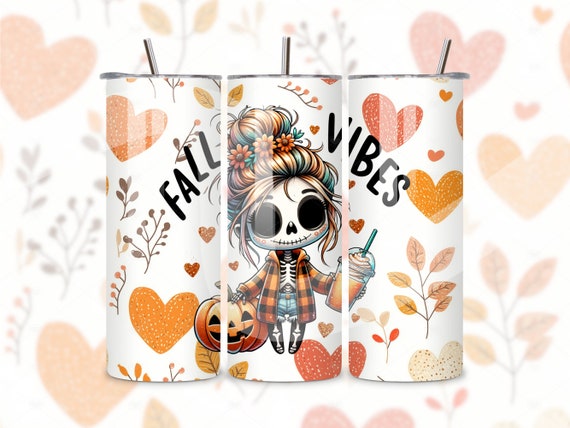 Fall Vibes Tumbler Wrap, Cute Girly Skeleton PNG, Funny Halloween Skinny 20 oz Tumbler Sublimation Design, Spooky Girl Coffee Tumbler