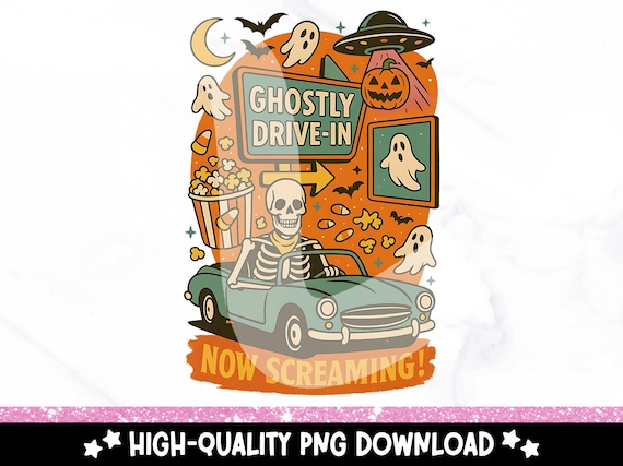 Ghostly Drive-In PNG, Spooky Drive-In Halloween Skeleton Clipart, Retro Horror Sublimation Design, Vintage Haunted Car PNG Download