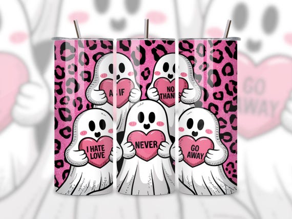 Heart Ghost Tumbler Wrap, Spooky Valentine's Day Tumbler, 20 oz Skinny Tumbler PNG, Anti Valentines Day PNG, Funny Ghosts PNG, Cup Wrap Png