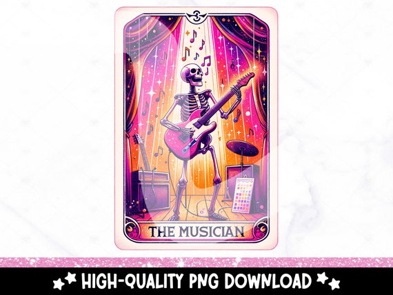 The Musician Funny Tarot Card PNG, Skeleton Shirt Sublimation Design, Rock On DTF File, Skull TShirt, Mug, Digital Download, Tumbler Wrap