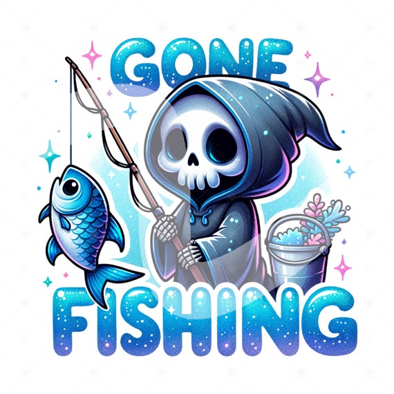 Spooky Fishing Clipart, Funny Gone Fishing PNG, Summer Grim Reaper Sublimation Design, Skeleton DTF Transfer, Mug, Tumbler Wrap, Sticker