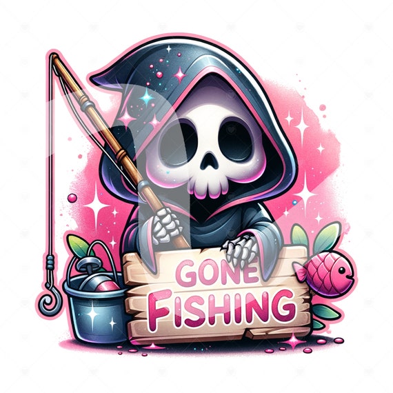 Funny Gone Fishing PNG, Spooky Fishing Clipart, Summer Grim Reaper Sublimation Design, Skeleton DTF Transfer, Mug, Tumbler Wrap, Sticker