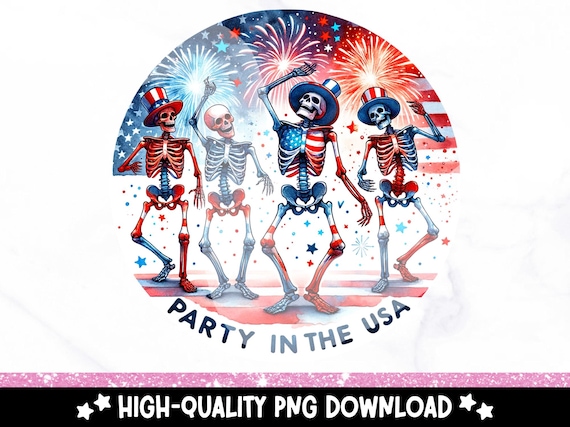Party in the USA PNG, Patriotic Skeleton Clipart, Dancing Skeleton Sublimation Design, 4th of July DTF File, Trendy T-Shirt, Mug, Stickers