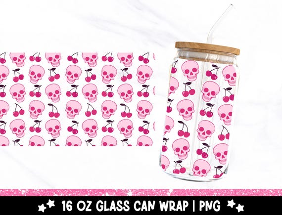 Cherry Skulls 16oz Glass Can Wrap, Spooky Cute Skeleton Cherries UV DTF Sublimation Design, Coquette Preppy Glass Jar Tumbler Libbey Wrap