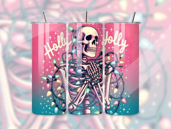 Holly Jolly Tumbler Wrap, Skeleton PNG, Tangled Christmas Lights, Pastel Goth 20oz Tumbler Sublimation Design, Spooky Christmas Tumbler PNG