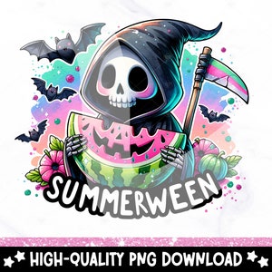 May include: A cartoon Grim Reaper wearing a black hooded robe and holding a scythe, is eating a watermelon with a pink and green rind. The background is a colorful watercolor design with bats and the text "SUMMERWEEN".