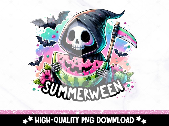 Cute Summerween Clipart, Spooky Summer Halloween Sublimation Design, Watermelon Pumpkin DTF Shirt Design Download, Grim Reaper Tumbler Wrap