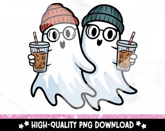 Hipster Ghosts PNG, Cute Fall Ghost Clipart, Spooky Coffee Lover Sublimation Design, Funny Ghost DTF Transfer File, Trendy Sticker Shirt Png
