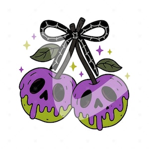 May include: A whimsical illustration of two purple cherries, each with a skull face, connected by a black stem and bow. The cherries have a green, dripping bottom. Green and purple stars are scattered around the cherries.