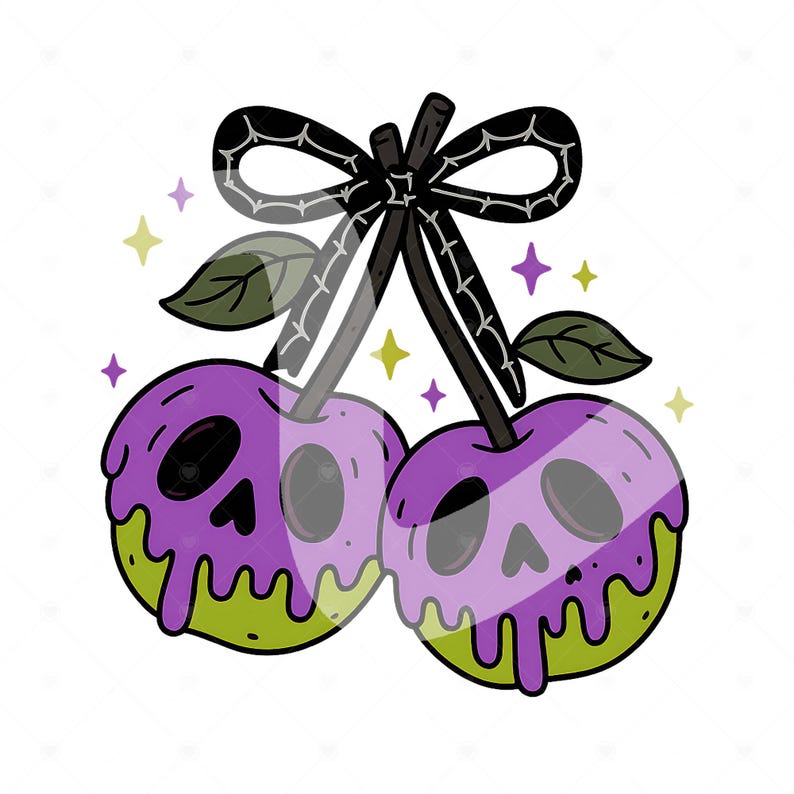 May include: A whimsical illustration of two purple cherries, each with a skull face, connected by a black stem and bow. The cherries have a green, dripping bottom. Green and purple stars are scattered around the cherries.