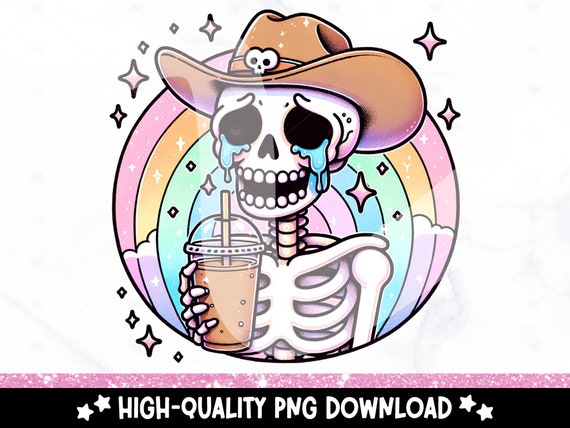 Funny Cowboy Skeleton PNG, Sad Western Skeleton Clipart, Spooky Sublimation Design, Depressed DTF Tshirt Transfer File, Unhinged Pastel Goth