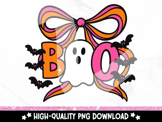 BOO Ghost PNG with Bow and Bats – Bright Preppy Halloween Sublimation – Cute Retro Ghost Clipart – Coquette Spooky Shirt Design