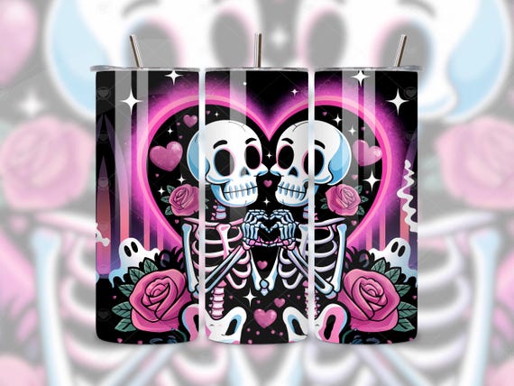 Valentines Skeletons Tumbler Wrap, Cute Love Skeleton PNG, Spooky Valentines Skinny 20 oz Tumbler Sublimation Design, Goth Valentines Day