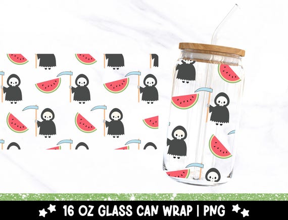 Cute Summerween Libbey Glass PNG, Grim Reaper and Watermelon 16oz Glass Can Tumbler Sublimation Design, Skeleton Coffee Libbey Cup Wrap