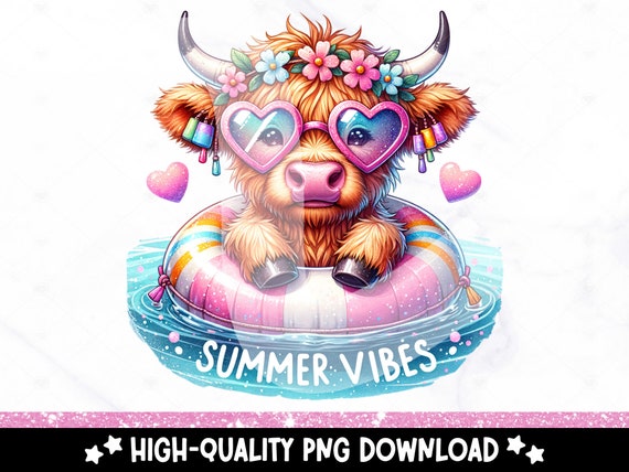 Highland Cow Summer Vibes PNG, Cute Heifer Cow Clipart, Summer Cow Sublimation Design, UV DTF Transfer File, Tshirt, Mug, Tumbler Wrap