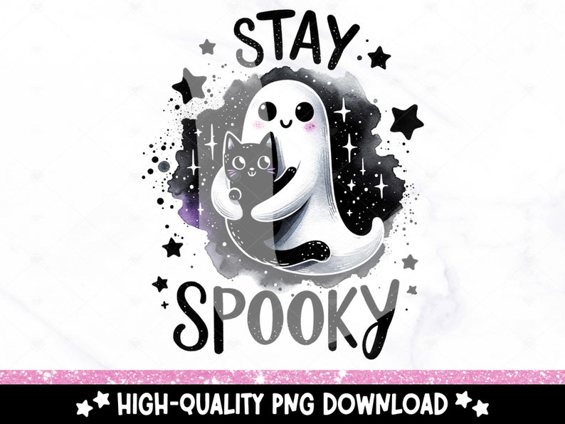 Stay Spooky PNG-fil, söt spöke-png, rolig Halloween-clipart, svart katt-png, sublimeringsdesign för kuslig säsong, kusliga vibbar DTF-överföring bild 1