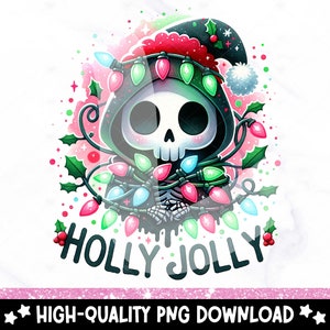 May include: A cartoon skeleton wearing a Santa hat and a black hooded cloak is surrounded by colourful Christmas lights and holly. The text "HOLLY JOLLY" is written below the skeleton.