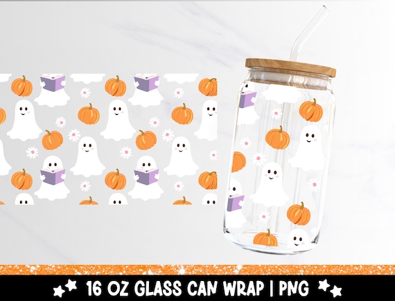 Bookish Ghost Cup Wrap PNG, Spooky Halloween Libbey Glass Can Wrap, Summerween Cozy Reading Iced Coffee Wrap, Cute Ghost Book Lover Gift