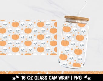 Skulls and Pumpkins Glass Can Wrap: Spooky Skeleton UV DTF Design (Digital Download)